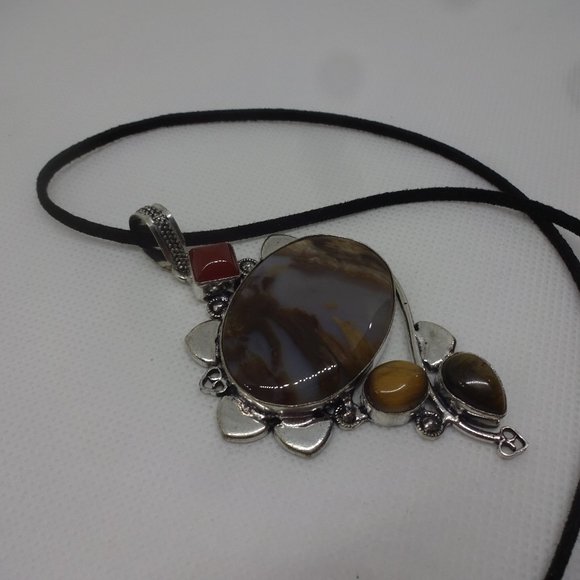 Natural "MONTANA AGATE, TIGERS EYE & CARNELIAN" Handmade Sterling Pendant - Picture 1 of 3